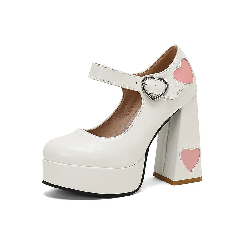 Canmol Women's Heart Super High Heels Platform Mary Janes White Pink
