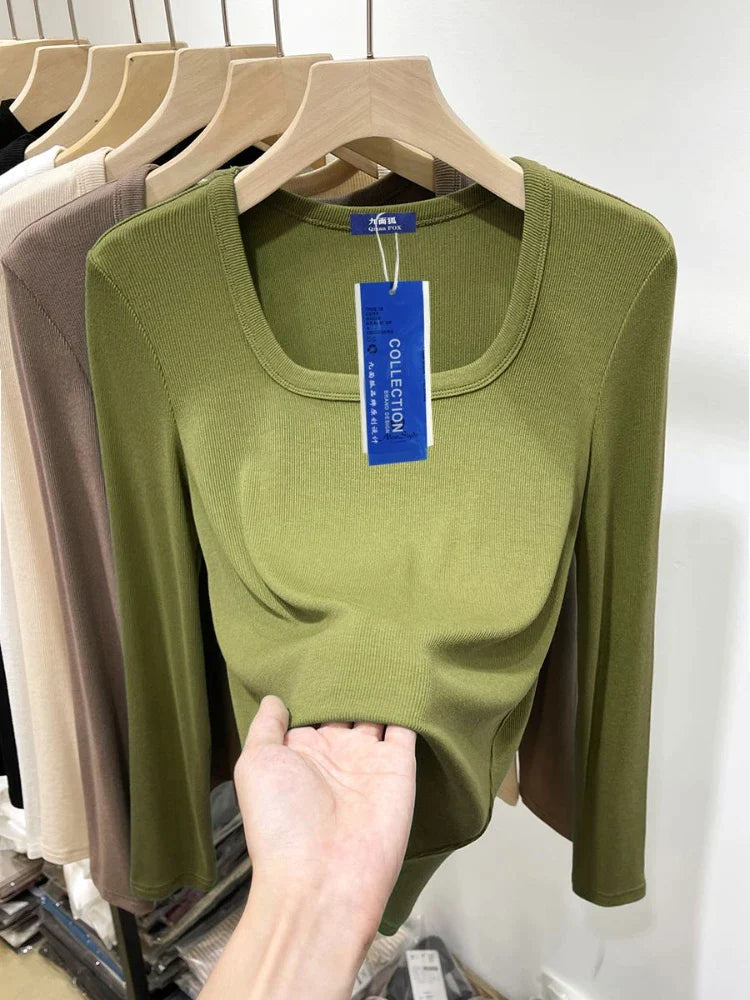 Canmol 2024 Spring Solid Green Long-Sleeve Square Collar Tee: Casual Slim Fit Cotton Top