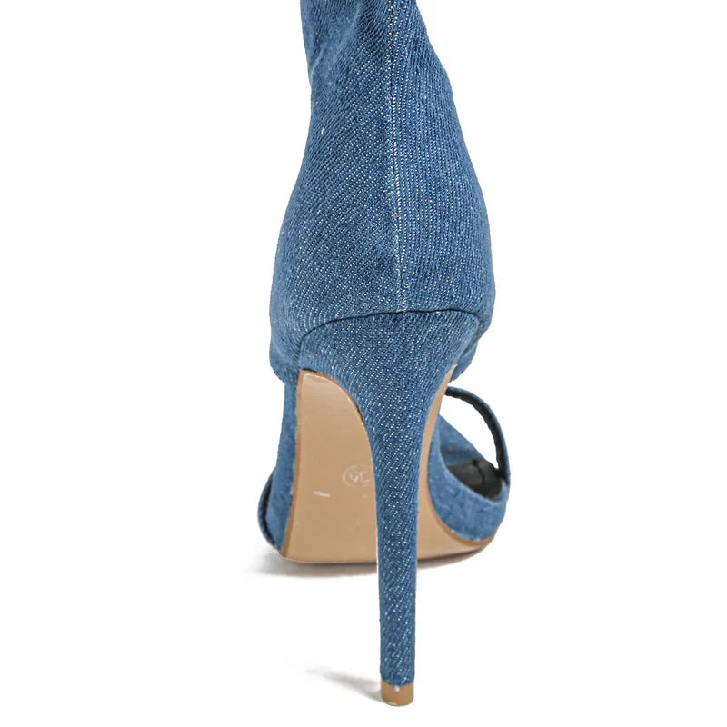 Canmol Blue Denim Knee-High Stiletto Heels - Elegant Open Toe Hollow Sandals for Women