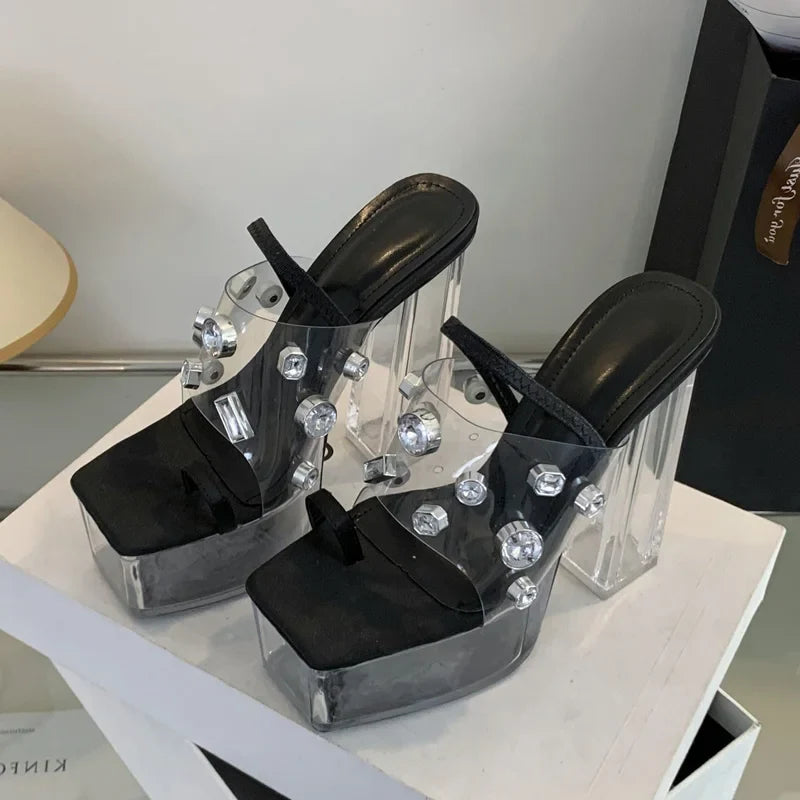 Canmol Summer Floral Platform Sandals with Crystal Square Heels