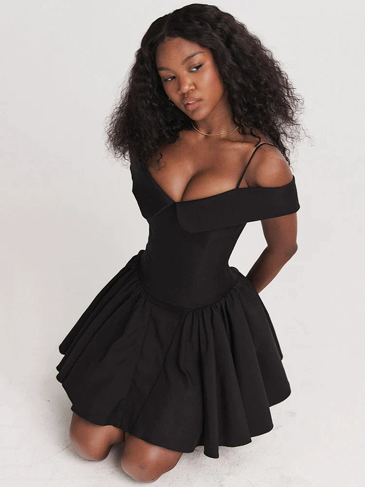 Canmol Pleated Mini Dress: Chic Off-Shoulder Spaghetti Strap LBD for Club Party