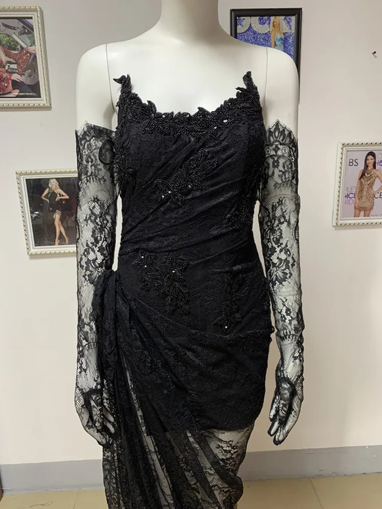 Canmol Black Lace Gloves Maxi Dress 2023 - Sexy & Elegant Evening Party Club Dress