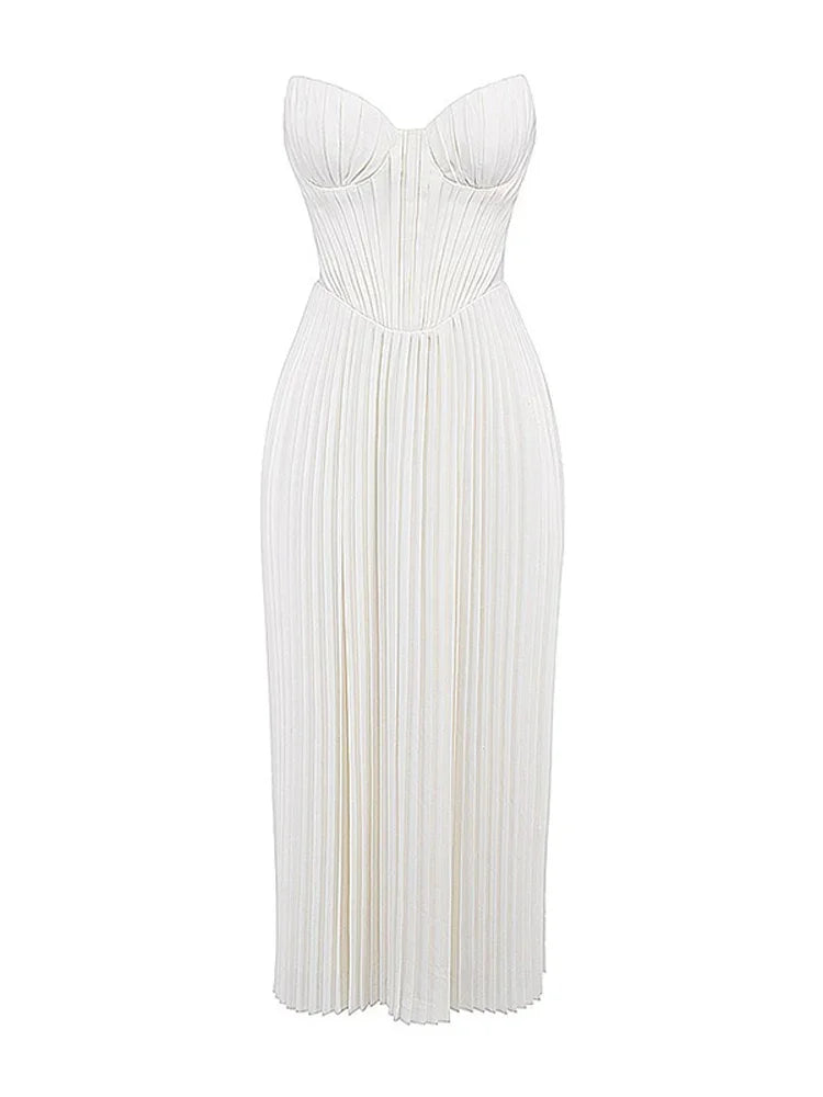 Canmol Elegant Strapless Midi Dress - Sleeveless Pleated Women's Dress for Banquet & Clubwear