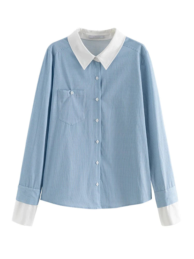 Canmol Blue Stripe Blouse with Polo Neck and Pocket Detail