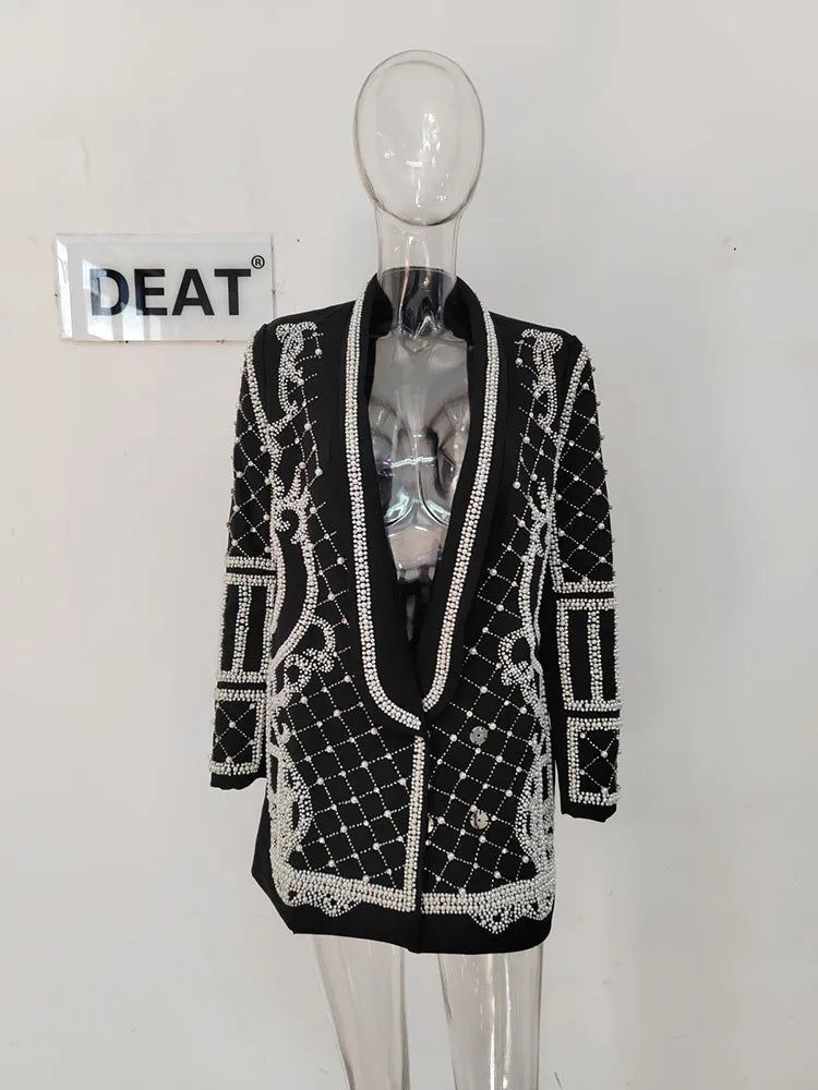 Canmol Pearl Beaded Blazer with Shawl Collar, Handmade, Hidden Button, Long Sleeve Suit Jacket