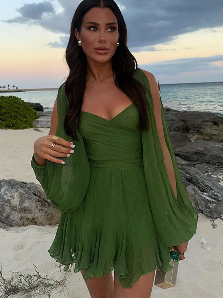 Canmol: Off-shoulder V-neck Mini Dress Women Long Sleeve Sheath Beach Vacation Dress