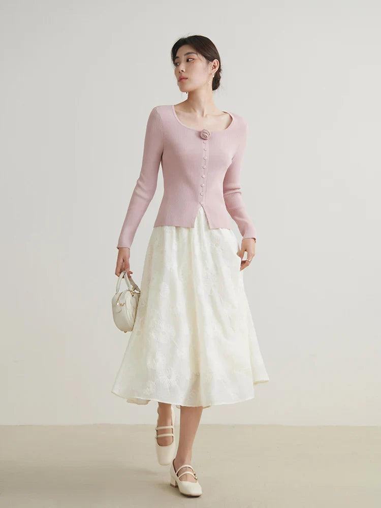 Canmol High Waist Jacquard Umbrella Skirt - French Elegant A-line Half Skirt