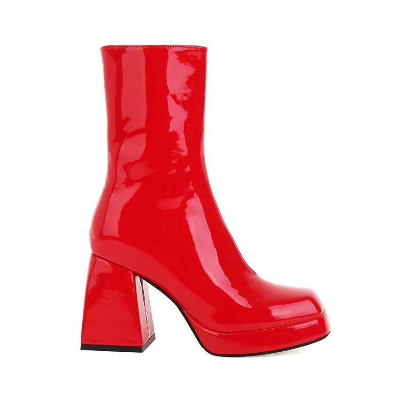 Red Patent Leather Platform Ankle Boots High Heel Square Toe Office Party Club Boot by Canmol