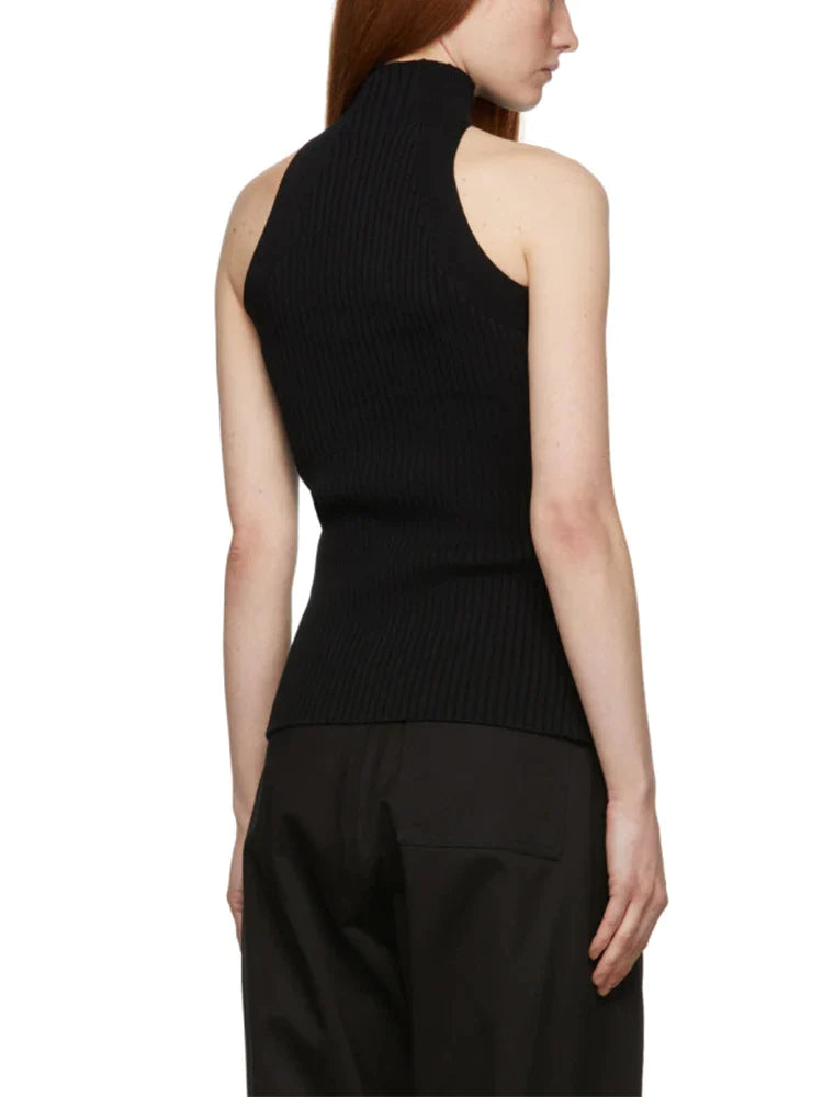 Canmol Hollow Out Knit Tank Top - Turtleneck Sleeveless Slim Vest