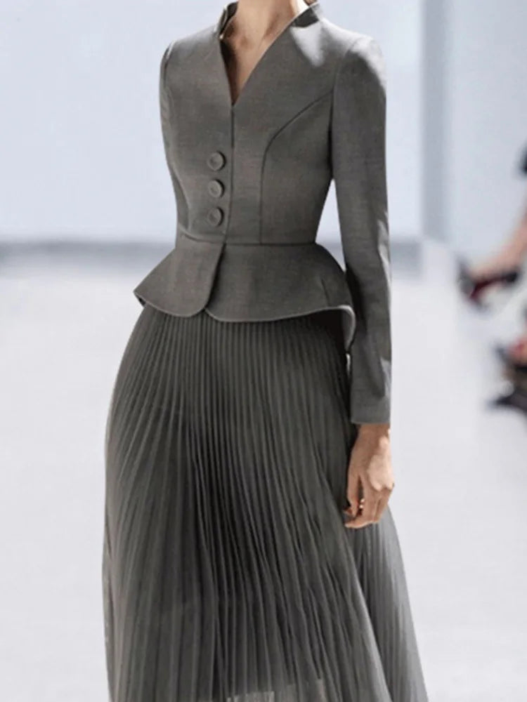 Canmol Women's Grey Blazer & High Waist Skirt Set 2024 Collection