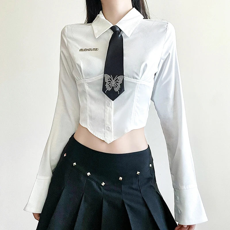Canmol Butterfly Tie Corset Shirt: Women's Preppy Style Elegant Cropped Top