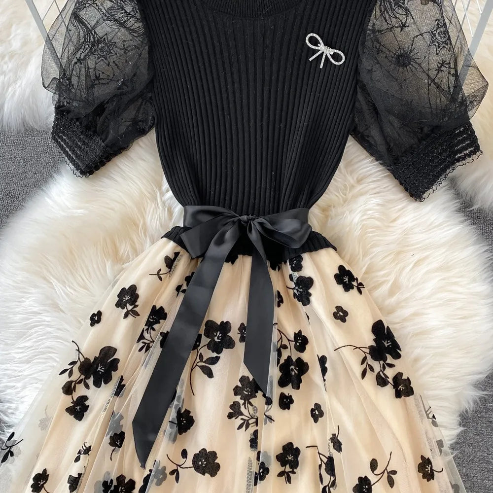 Canmol Mesh Knit Floral Bandage Dress | Elegant Korean Fashion Midi Dresses