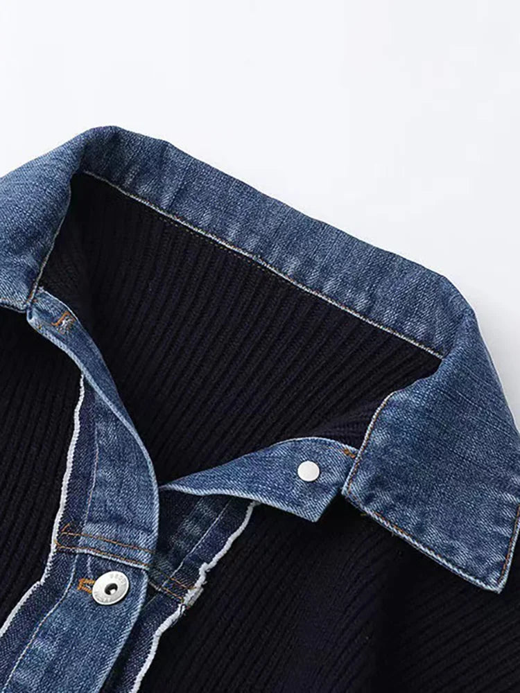 Canmol Denim Spliced Lapel Knit Cardigan | Blue Sweater Coat | Autumn 2024 Fresh