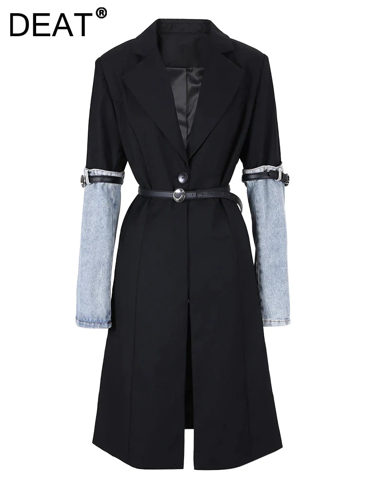 Canmol Denim-Trim Trench Coat with Belts & Contrasting Sleeves