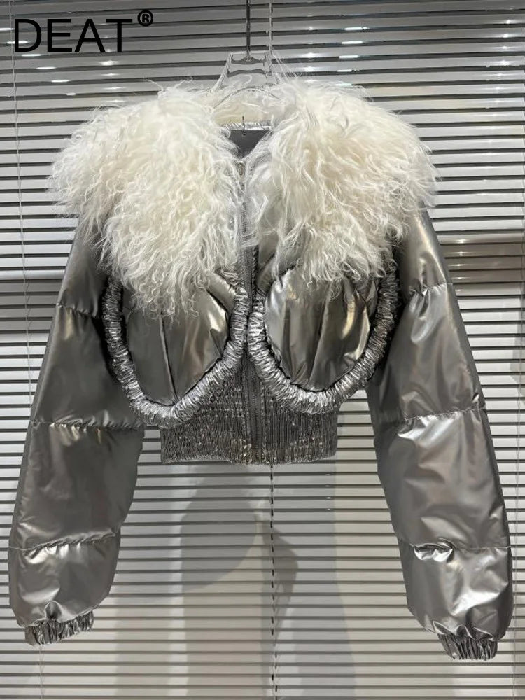 Canmol Glossy Short Parka Jacket with Lamb Fur Collar for Winter 2024