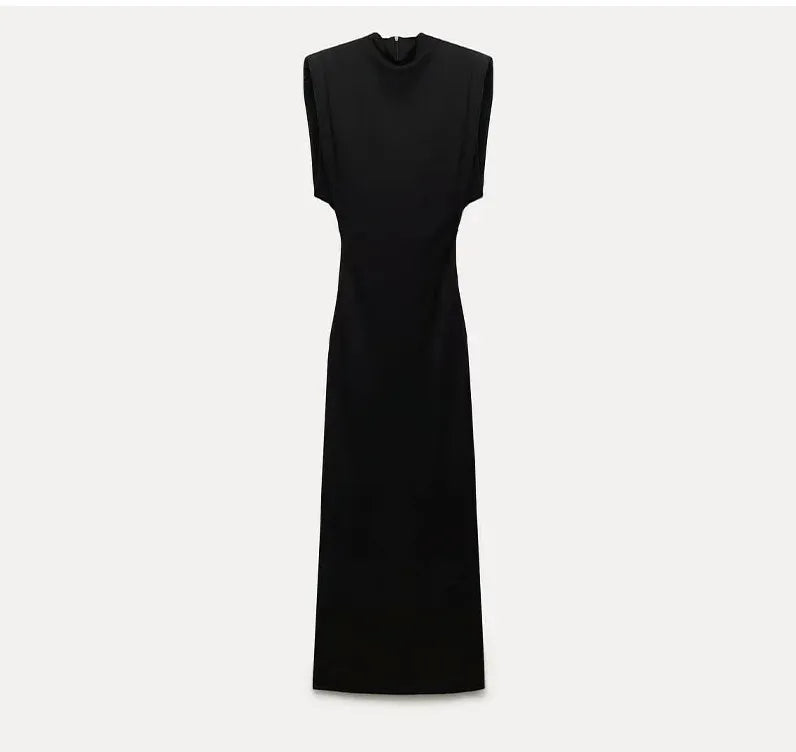 Canmol Mock Neck Pleated Long Dress for Women - Elegant, High Waist Evening Party Dress