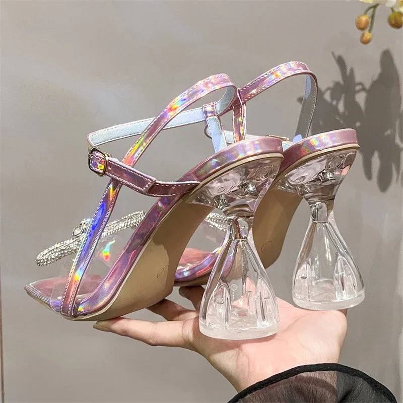 Canmol Butterfly-knot Square Toe High Heels Sandals - Elegant Crystal Party Shoes