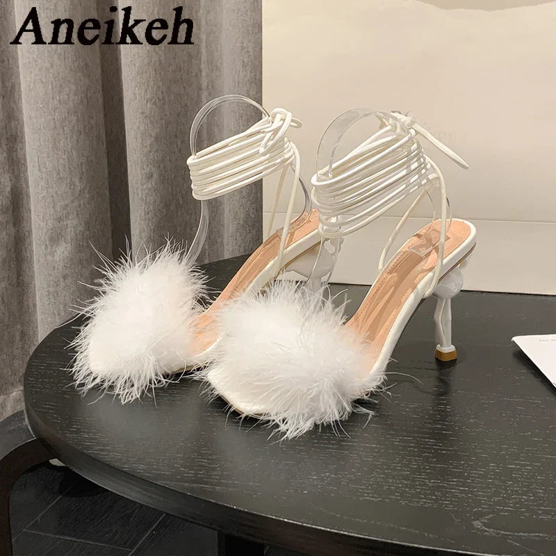 Canmol Flamingo Feather High Heels: Elegant Peep Toe Lace-Up Sandals for Party Dress