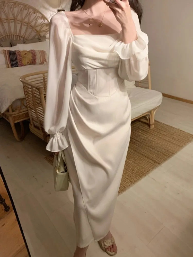 Canmol Autumn Elegant Bodycon Midi Dress, Long Sleeve Vintage Evening Vestidos Femme, Fashion Slim Robe