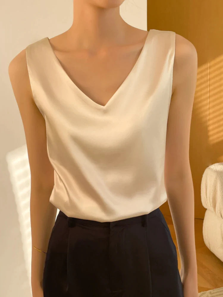Canmol Sleeveless Chiffon V Neck Solid Silk Blouse for Elegant Office Ladies