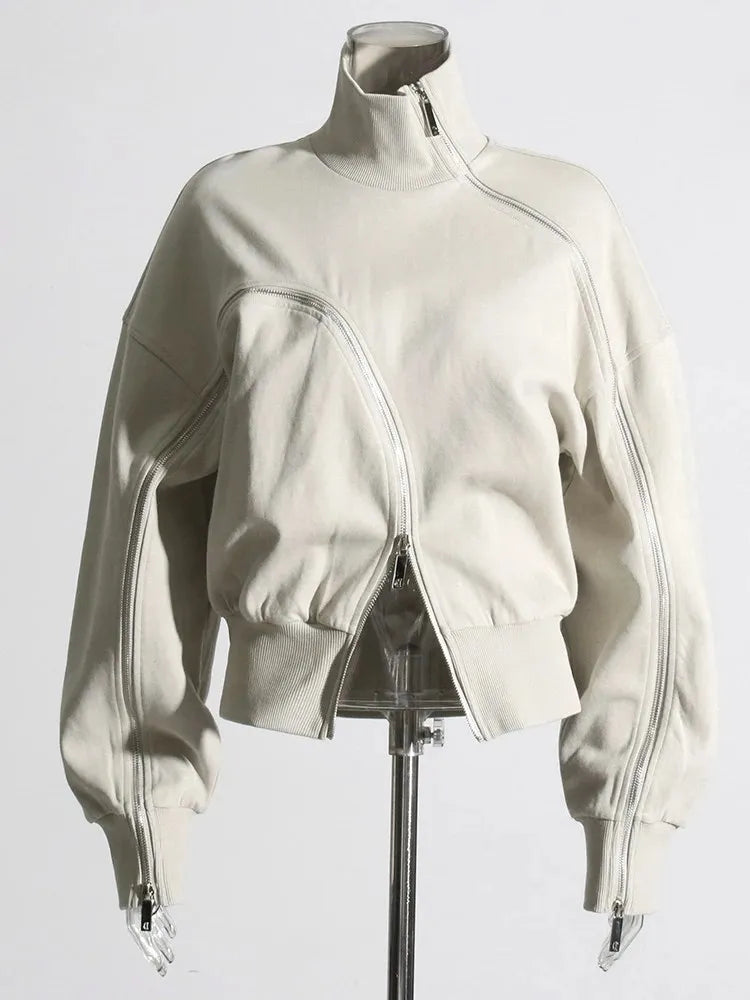 Canmol Turtleneck Zip Sweatshirt Minimalist Streetwear Casual Women's Top