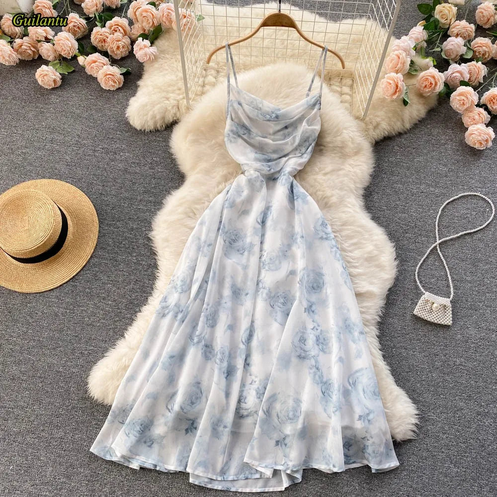 Canmol Floral Chiffon Beach Dress - Sleeveless Spaghetti Strap Backless Boho Maxi Dress