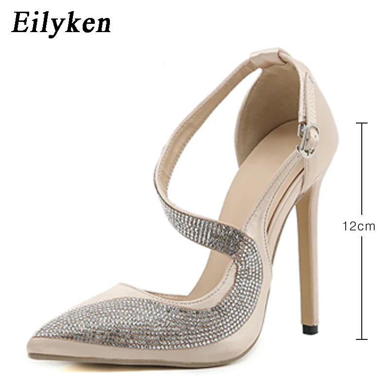 Canmol Crystal Satin Pumps Ankle Strap High Heels Wedding Party Sandals Mujer Tacones