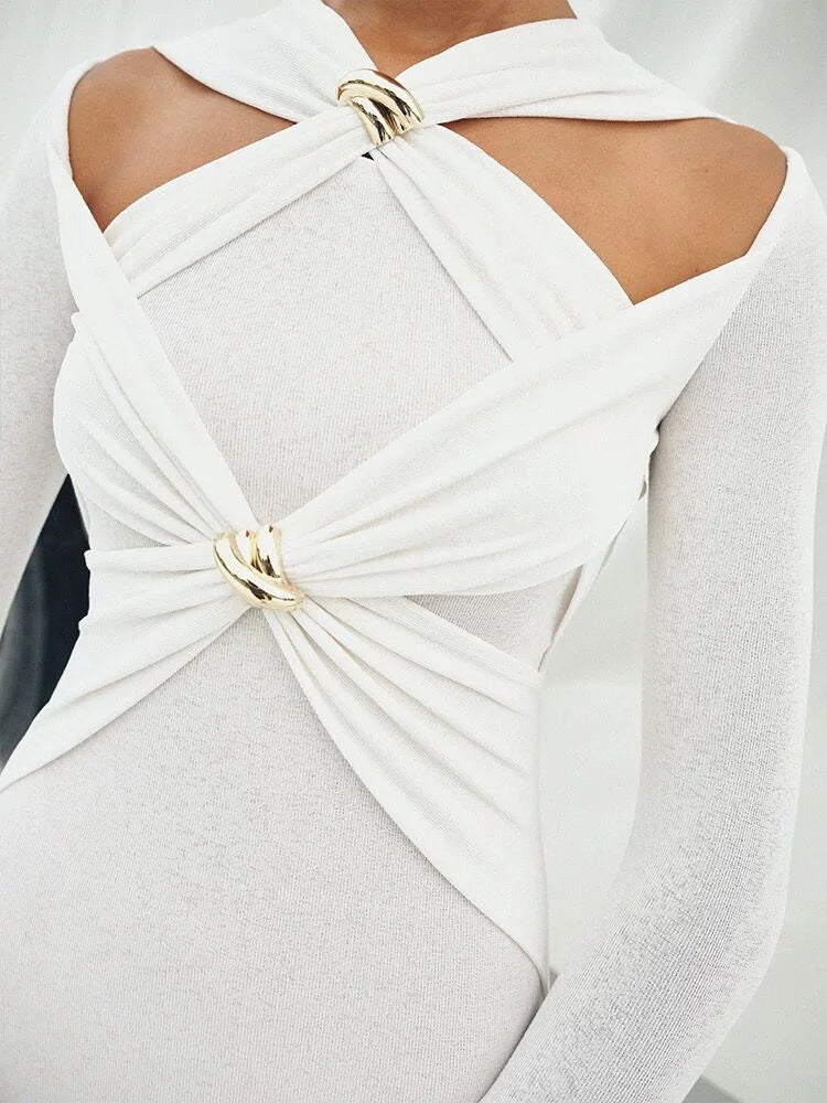 Canmol Elegant Off Shoulder Evening Dress with Waist Metal Button - Autumn 2024 New