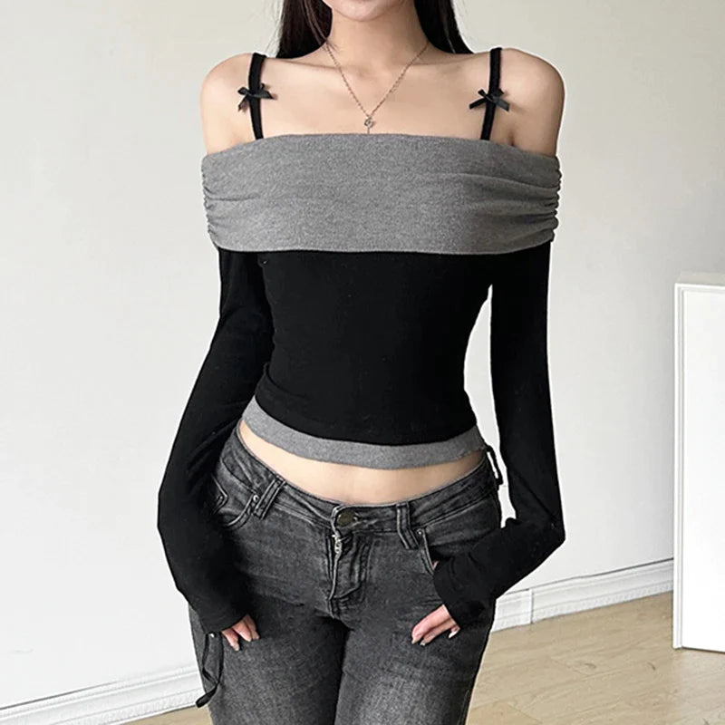 Canmol Sweet Bow Straps Slash Neck Knitted Crop Top