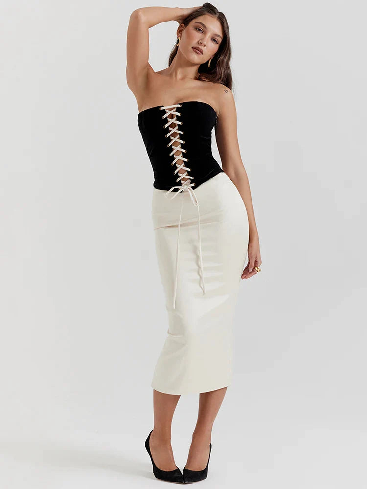Canmol Bandage Crop Top and Maxi Skirt Set - Elegant Fashion Club Party Outfit