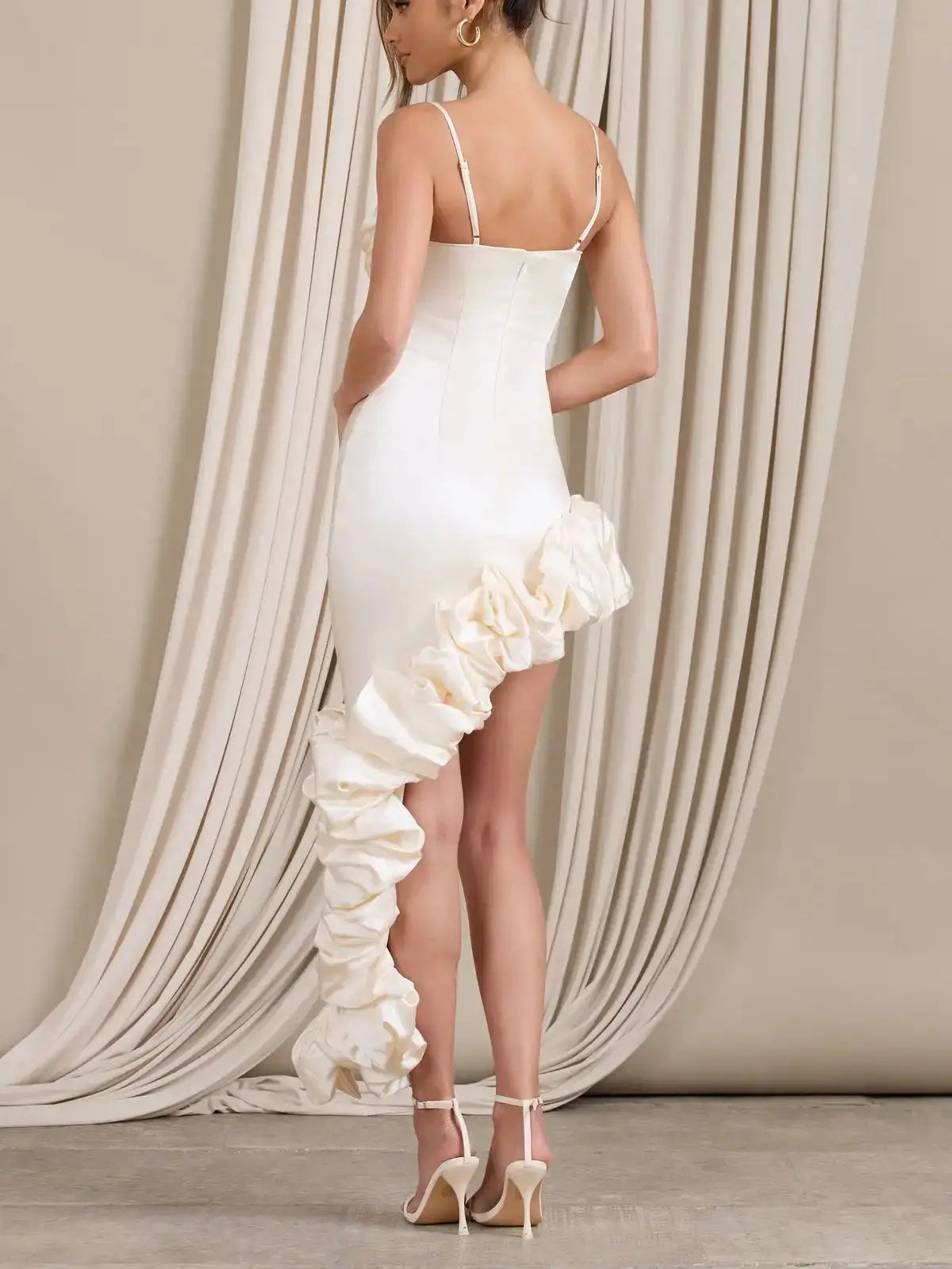 Canmol Elegant Irregular Satin Party Dress for Women celebrities, White Pink, 2023 Model