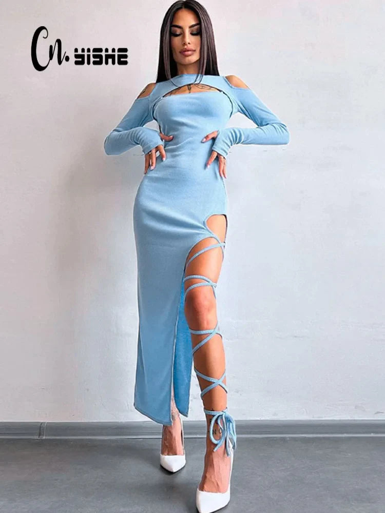 Canmol Hollow Out Long Sleeve Bodycon Dress - Sexy Clubwear Fashion