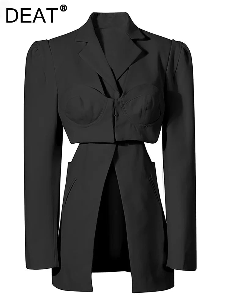 Canmol Hollow Out Spliced Blazer with Notched Lapel & Fake Two-Piece Design