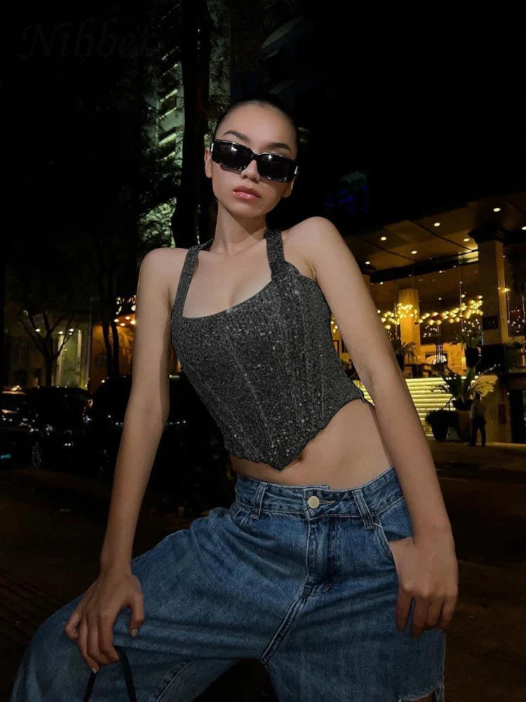 Canmol Shimmer Halter Corset Top: Women's Sexy Slim Fit Party Crop Vest Streetwear
